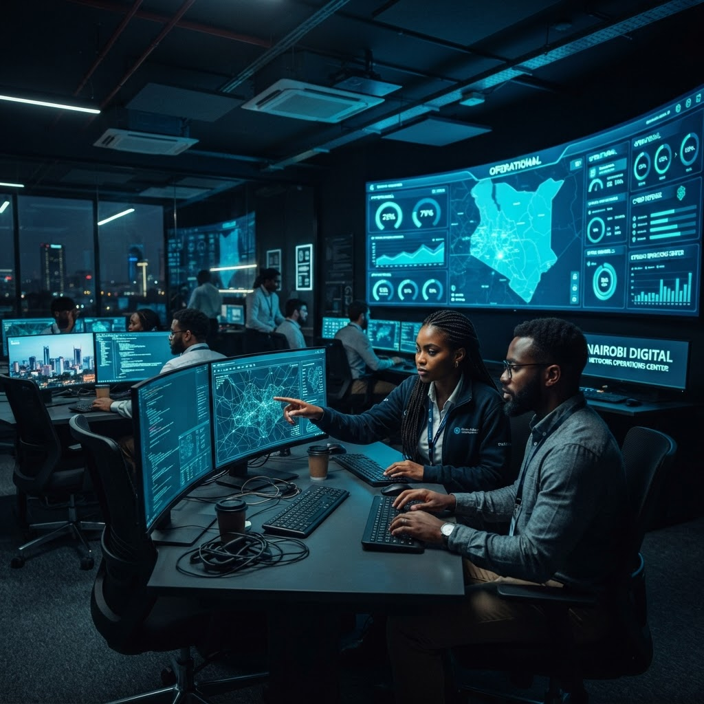 EDISOL Kenya digital engineers working in a neon-lit command center