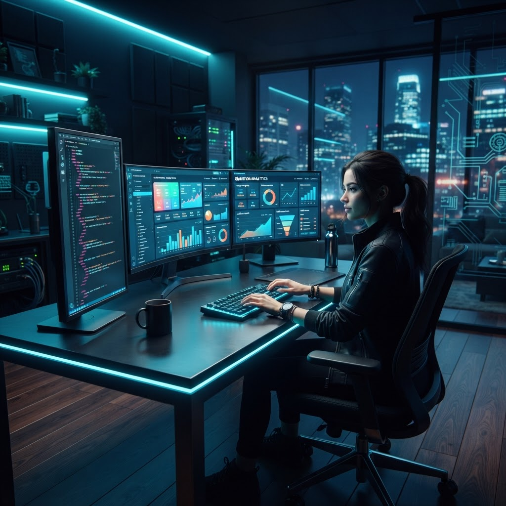 Futuristic Nairobi workspace with screens showing code and marketing analytics